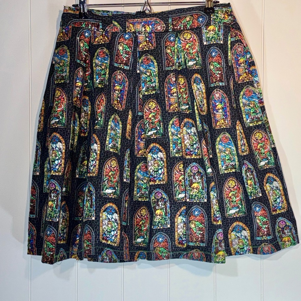 Handmade Legend of Zelda Stained Glass Link Pleated A-Line Skirt Zipper Back 32W